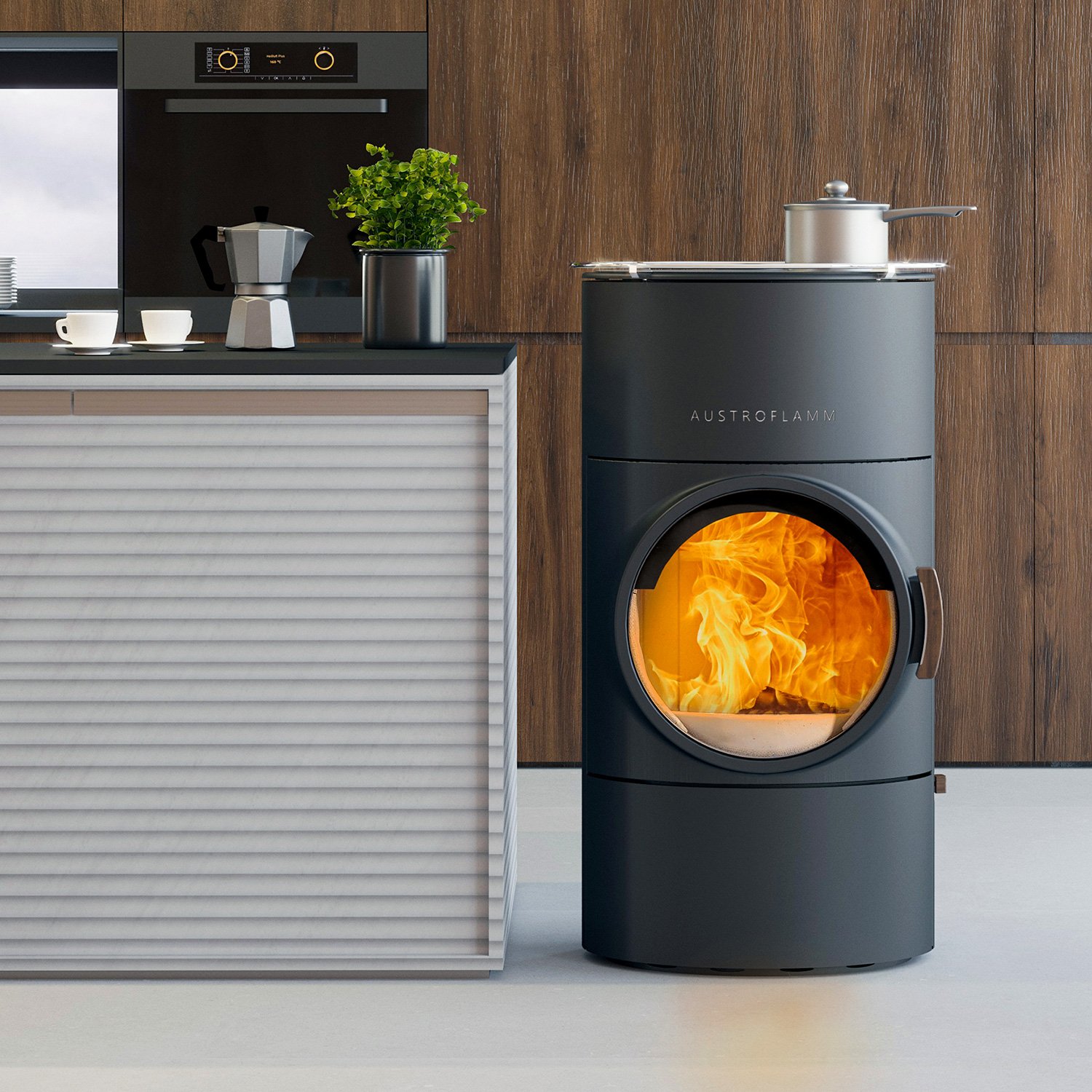 Austroflamm Clou compact Cook Kaminofen Stahl gussgrau, RR hinten Austroflamm Clou compact Cook – Kaminofen mit Kochplatte | 6 kW Holzofen – Bild 1