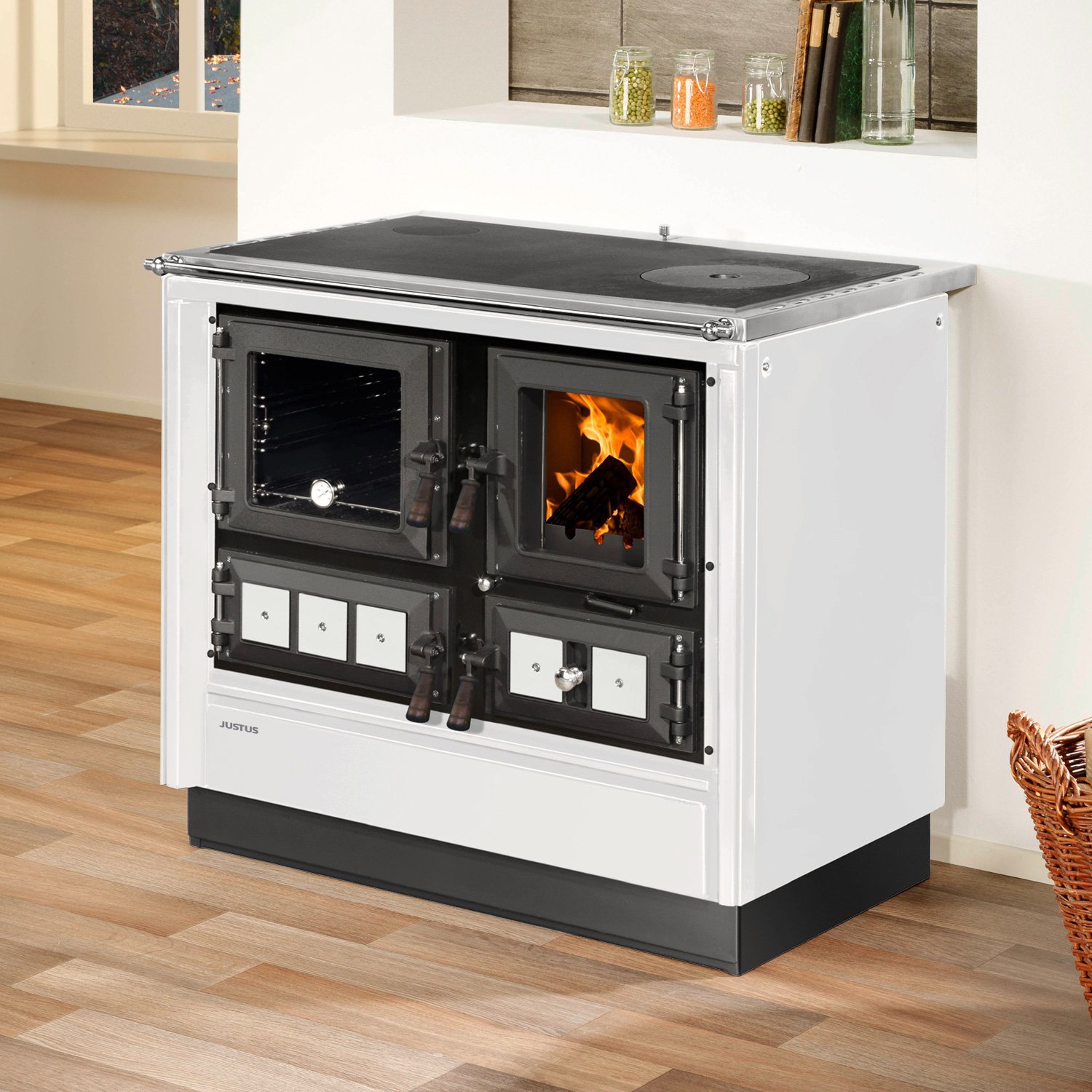 Justus Rustico-90 2.0 Küchenofen Stahl Weiß, Backfach links Justus Rustico-90 2.0 Küchenofen – 7 kW Holzherd mit Backfach & Edelstahlrahmen – Weiß – Bild 1