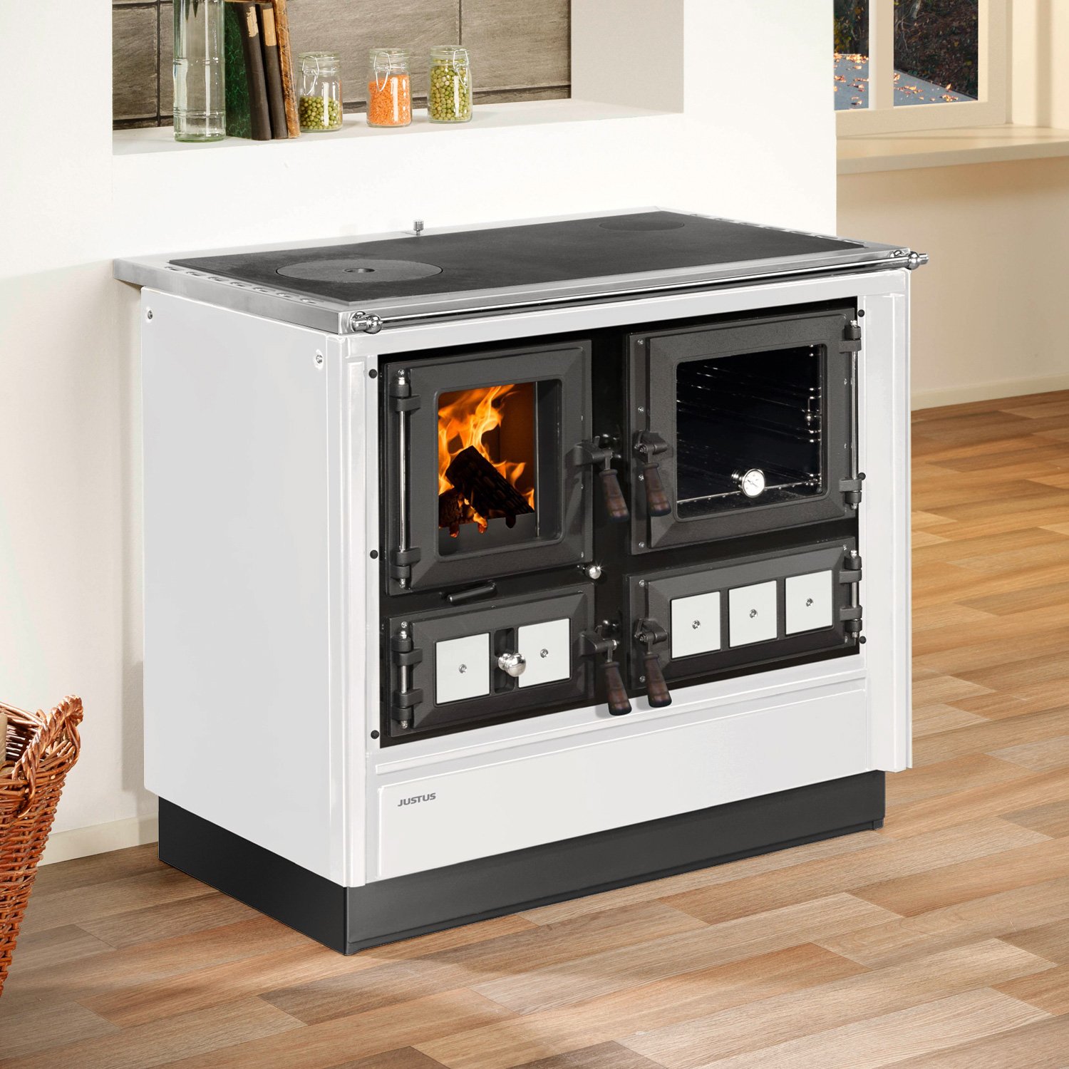 Justus Rustico-90 2.0 Küchenofen Stahl Weiß, Backfach rechts Justus Rustico-90 2.0 – 7 kW Küchenofen in Weiß mit Backfach & Edelstahlkochfeld – Bild 1