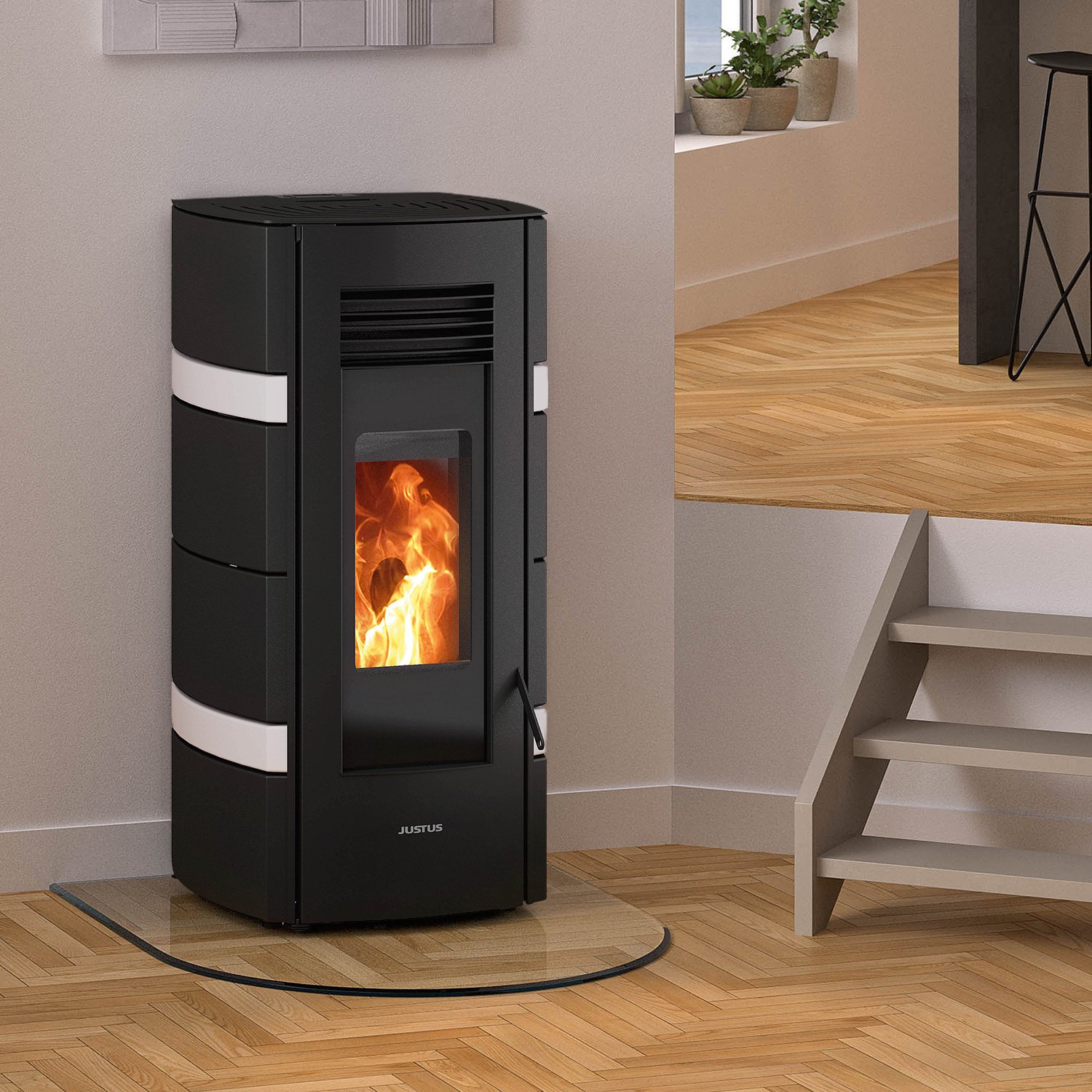 Justus Sia Pelletofen Stahl Schwarz / conStone Weiß Justus Sia Pelletofen 8 kW – Moderner Pelletkamin mit Temperatursteuerung & Zeitprogrammierung – Bild 1