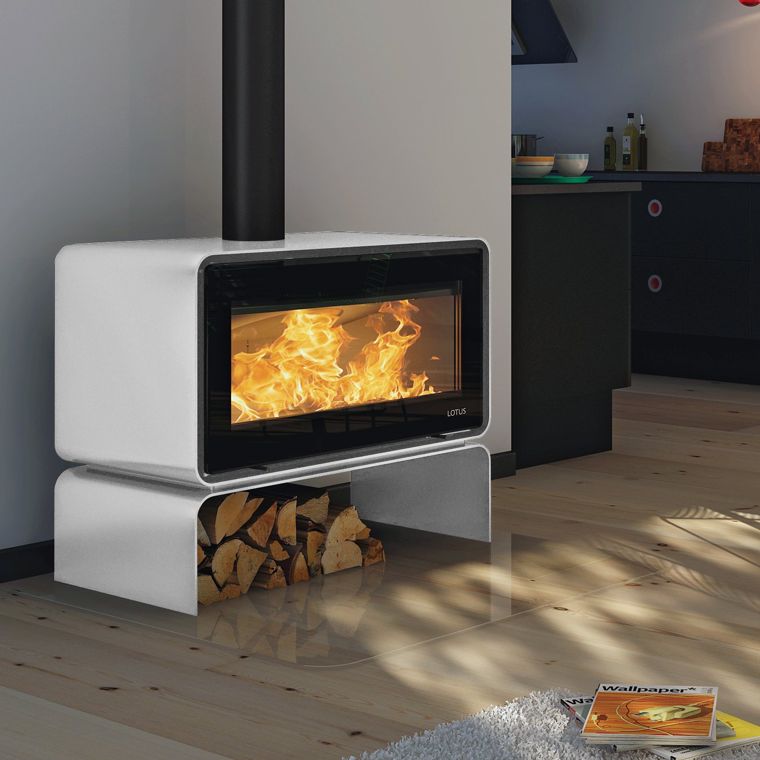 Lotus Living Base Kaminofen Alpin White, Rauchabgang oben Lotus Living Base – 7 kW Luxus-Design Kaminofen | Turbo-Clean, Clean Burn, hochwertige Stahlkonstruktion – Bild 1