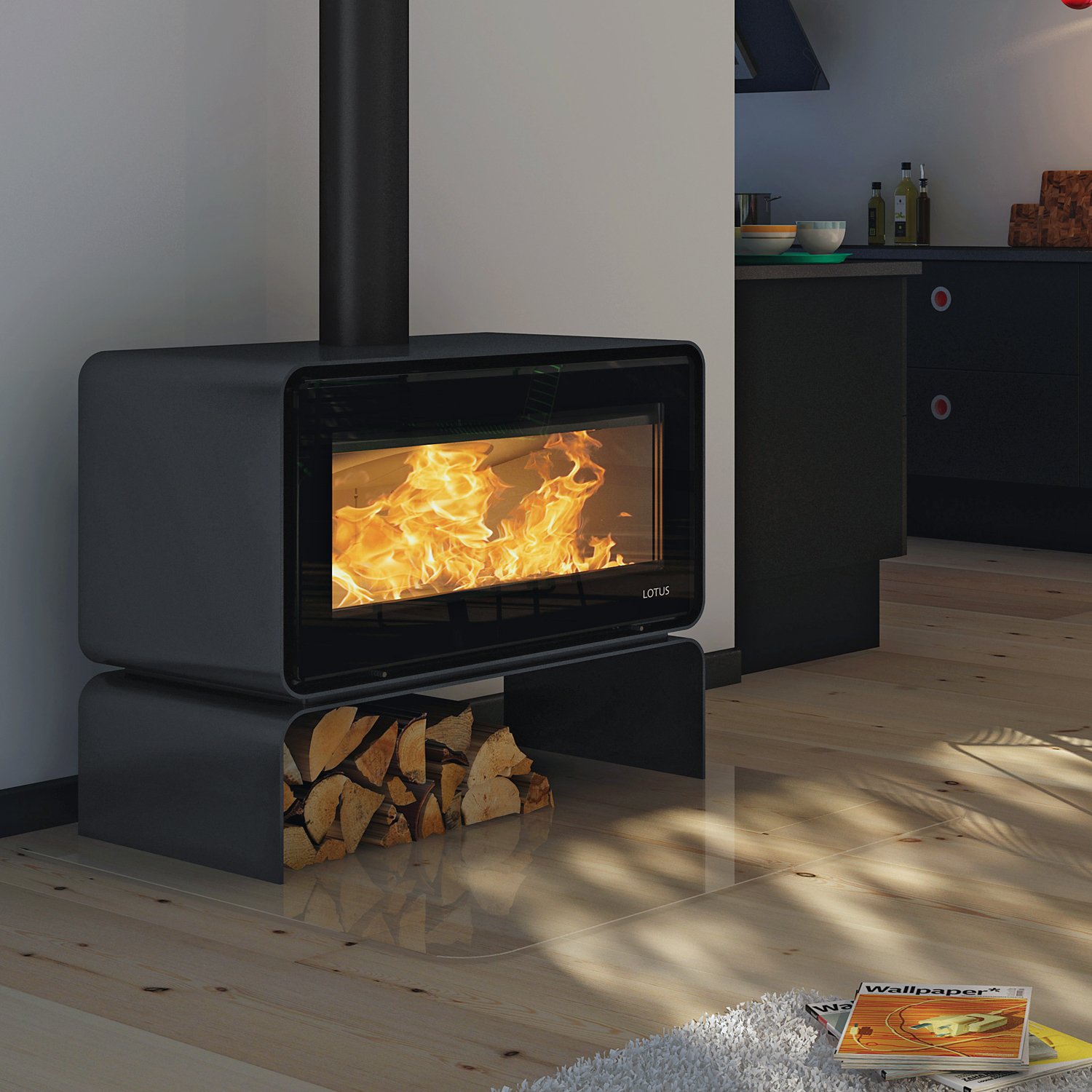 Lotus Living Base Kaminofen Ocean Dark, Rauchabgang oben Lotus Living Base Kaminofen 7 kW – Luxus-Design, Turbo-Clean & Clean Burn Technologie – Bild 1