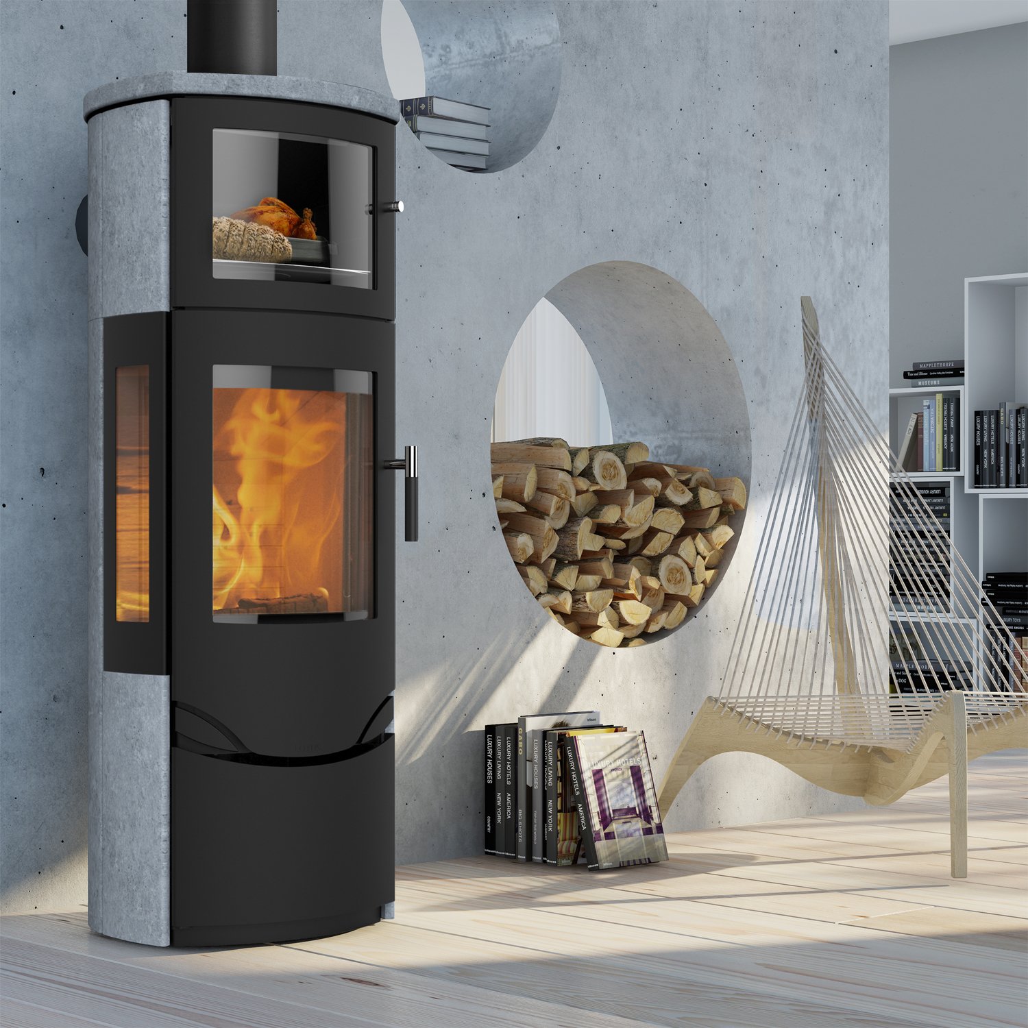 Lotus Prio 7 M Kaminofen Schwarz / Speckstein mit Backfach / Seitenglas , RR hinten od. RR oben Lotus Prio 7 Kaminofen mit Backfach – 7 kW Holzofen mit Seitenglas & Turbo-Clean-Technologie – Bild 1