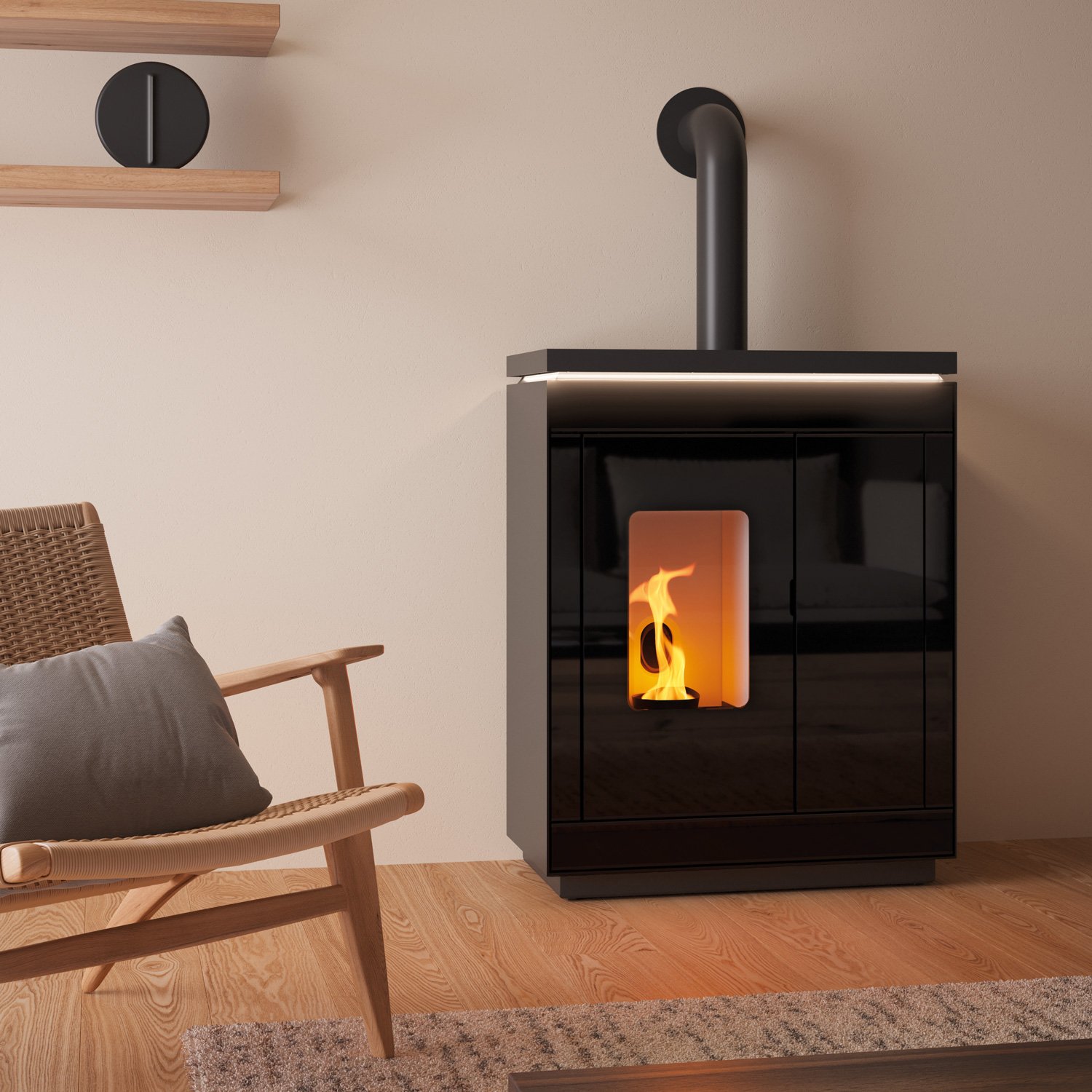 Olsberg Epana Pelletofen Glas Schwarz Olsberg Epana – 6 kW Pelletofen mit Ambiente-Beleuchtung, WLAN & Sprachsteuerung – Bild 1