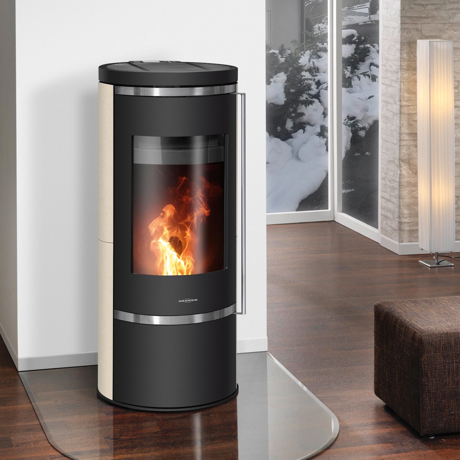 Oranier Carus 2.0 Pelletofen Stahl Schwarz / Kalkstein Cream Oranier Carus 2.0 Pelletofen – 6 kW – Stahl Schwarz / Kalkstein / Speckstein – 30-kg-Pellettank – Bild 1