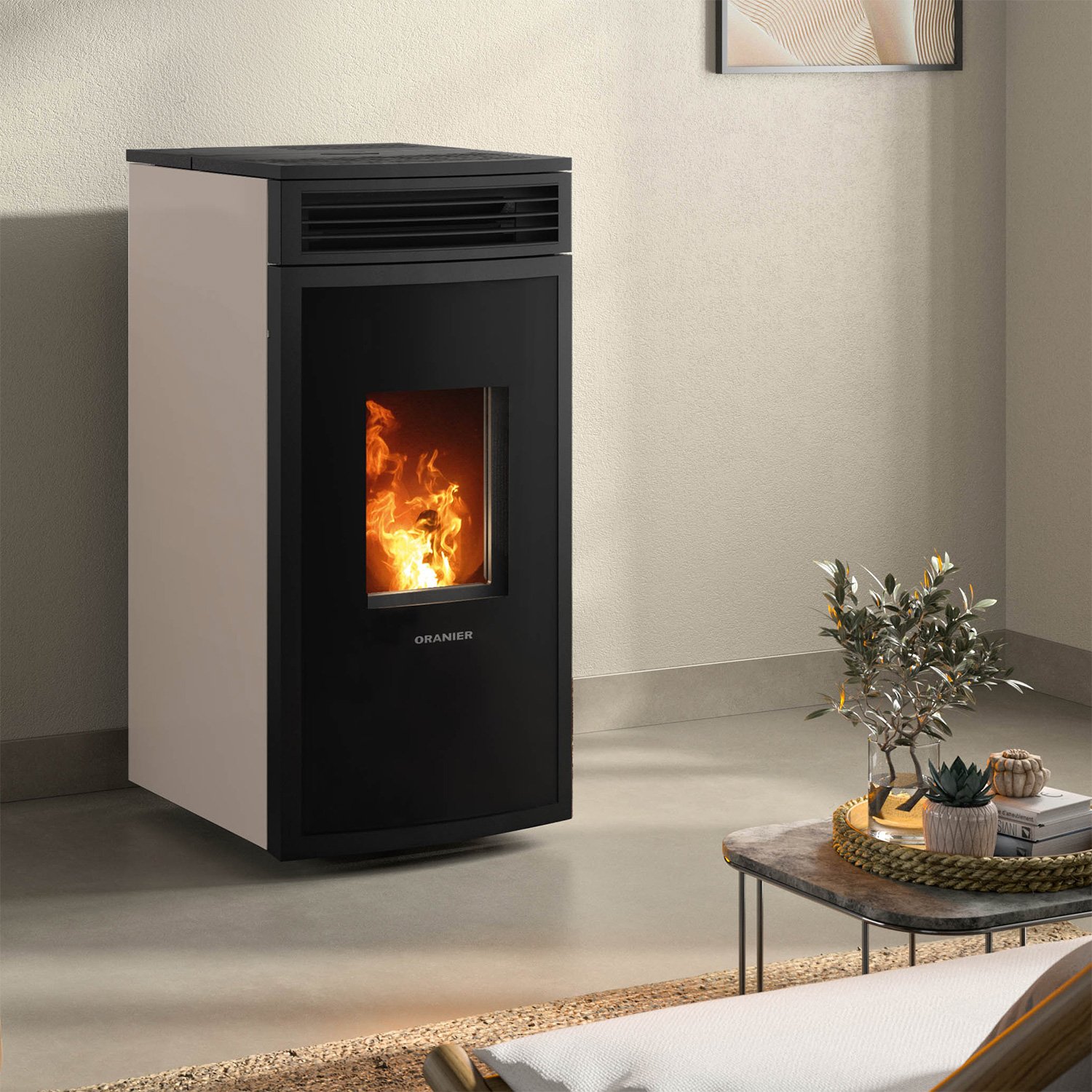 Oranier Neta Pelletofen Taupe Anschluss hinten Oranier Neta Pelletofen Taupe – 8 kW effizienter Design-Pelletofen mit hinterem Anschluss – Bild 1