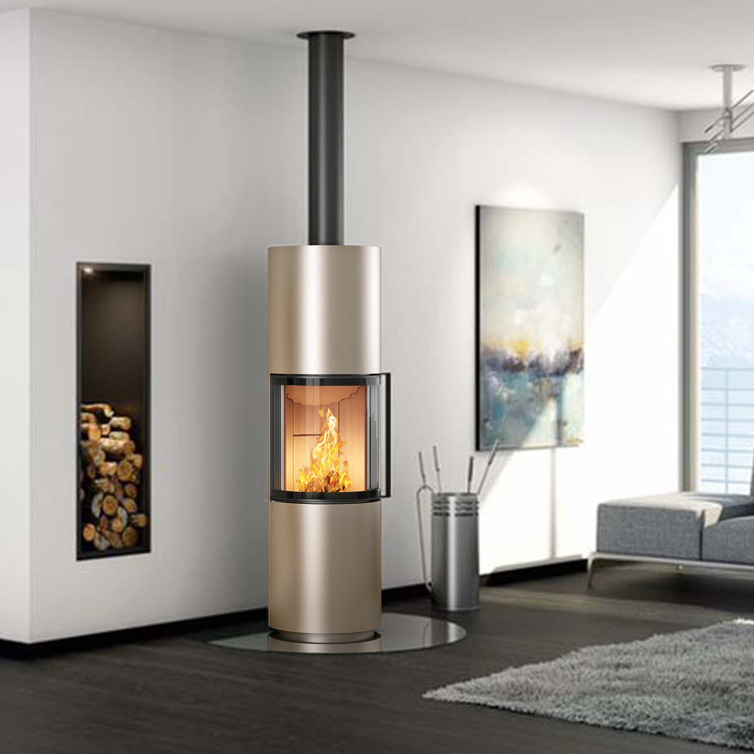 Spartherm Passo L Kaminofen Perle Spartherm Passo L Kaminofen – 6,1 kW | Runder Design-Holzofen mit 180° Panoramascheibe & externer Zuluft (Beige) – Bild 1