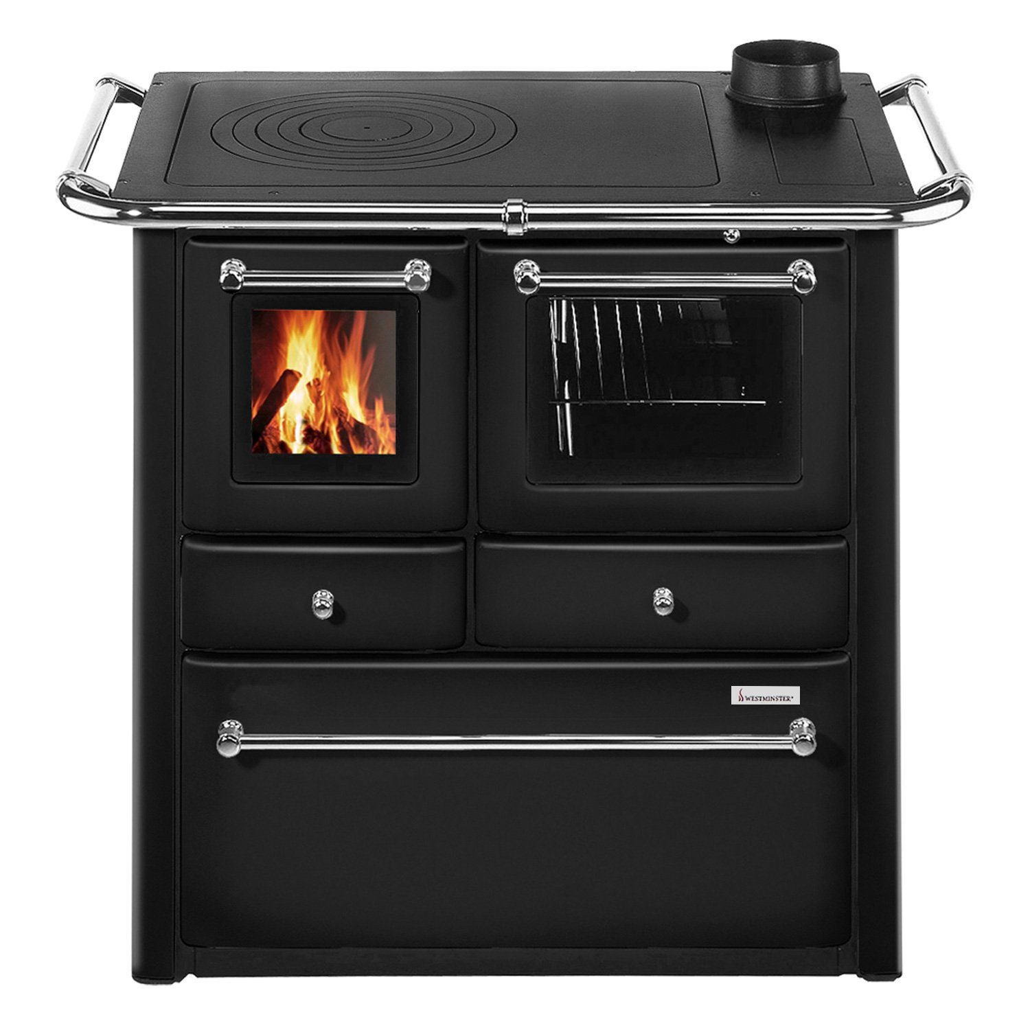 Westminster K 85 F Küchenofen Stahl Anthrazit, Backfach rechts Westminster K 85 F Küchenofen Schwarz – Holzherd mit Backfach rechts & Gusskochplatte (6 kW) – Bild 1